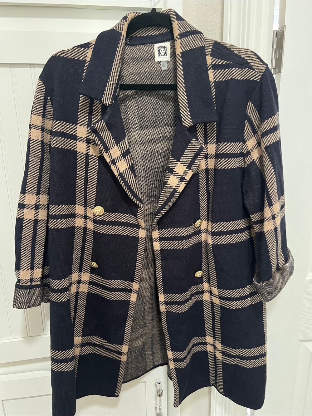 Anne Klein Navy and Tan Plaid Double-Breasted Blazer